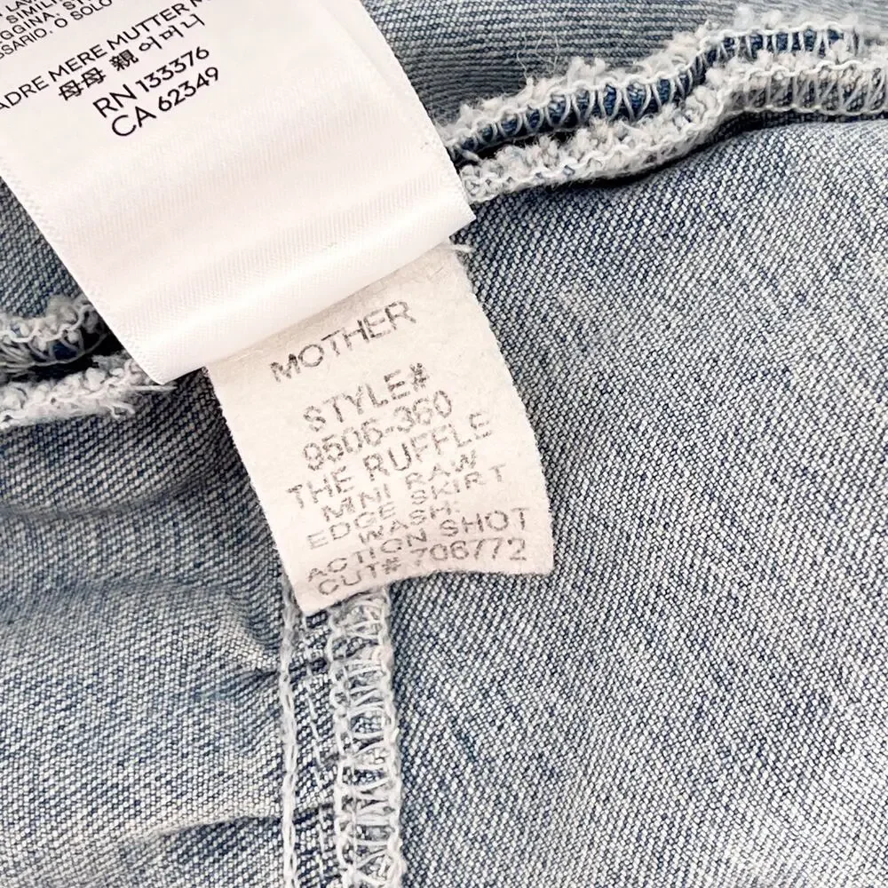 MOTHER The Ruffle Raw Edge Mini Skirt Action Shot Women’s Size 27 Denim